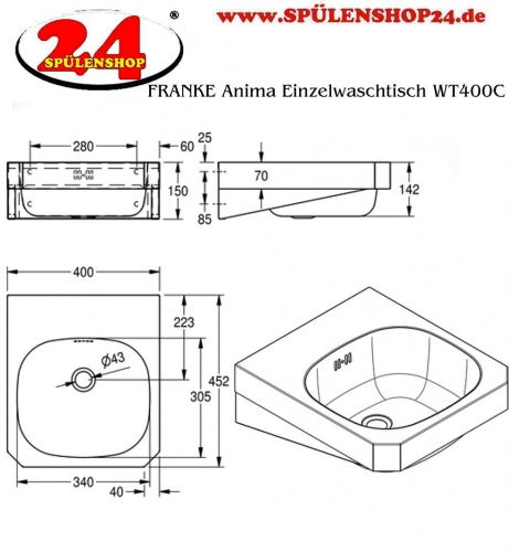 KWC PROFESSIONAL Anima Einzelwaschtisch WT400C fr Wandmontage fugenlos eingeschweites Becken ohne Hahnlochbohrung