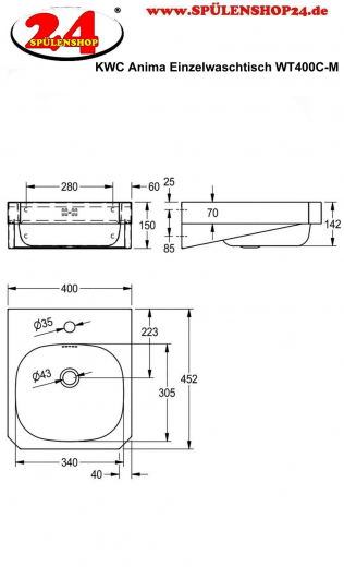 KWC PROFESSIONAL Anima Einzelwaschtisch WT400C-M fr Wandmontage fugenlos eingeschweites Becken mit Armaturenbohrung  35mm