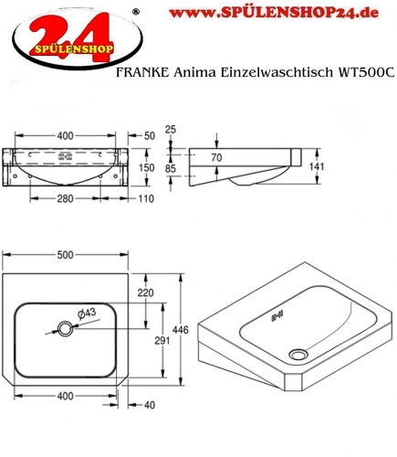 KWC PROFESSIONAL Anima Einzelwaschtisch WT500C fr Wandmontage fugenlos eingeschweites Becken ohne Hahnlochbohrung