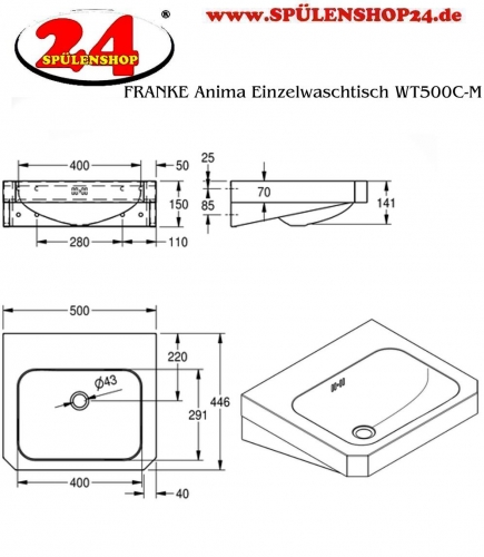 KWC PROFESSIONAL Anima Einzelwaschtisch WT500C-M fr Wandmontage fugenlos eingeschweites Becken mit Armaturenbohrung  35mm