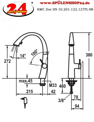 KWC Kchenarmatur Zoe 10.201.122.127FL Einhebelmischer Decor Steel mit Geschirrbrause und LEDShine