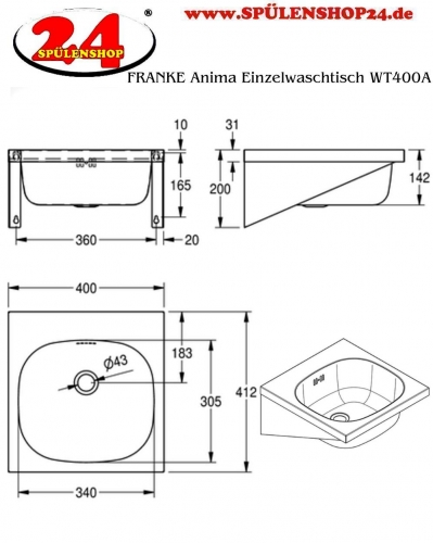 KWC PROFESSIONAL Anima Einzelwaschtisch WT400A fr Wandmontage fugenlos eingeschweites Becken ohne Hahnlochbohrung