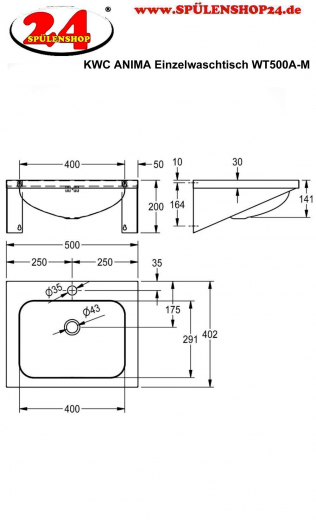 KWC PROFESSIONAL Anima Einzelwaschtisch WT500A-M fr Wandmontage fugenlos eingeschweites Becken mit Armaturenbohrung  35mm