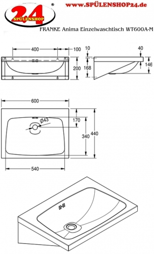 KWC PROFESSIONAL Anima Einzelwaschtisch WT600A-M fr Wandmontage fugenlos eingeschweites Becken mit Armaturenbohrung  35mm