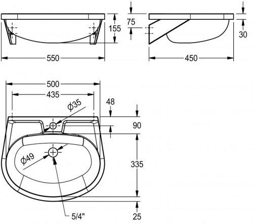 KWC PROFESSIONAL Anima Handwaschbecken BS205-M fr Wandmontage fugenlos eingeschweites Becken mit Armaturenbohrung  35mm