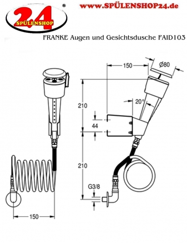 KWC PROFESSIONAL Erste Hilfe Augen und Gesichtsdusche FAID103 mit Spiralschlauch zur Montage an Wnden oder Labormbeln