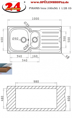 PYRAMIS Kchensple Vera (100x50) 1 1/2B 1D Einbausple / Edelstahlsple Siebkorb als Drehknopfventil