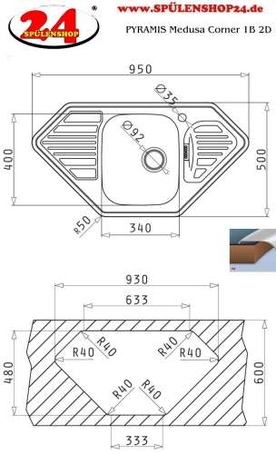 PYRAMIS Kchensple Medusa Corner 1B 2D Einbausple / Ecksple Siebkorb als Drehknopfventil