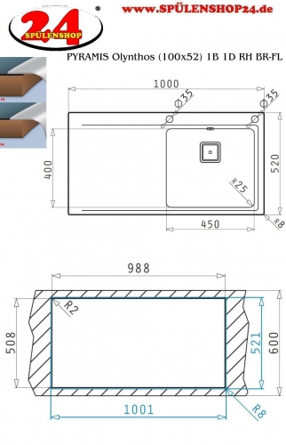 PYRAMIS Kchensple Olynthos (100x52) 1B 1D RH Einbausple Flachrand / Flchenbndig mit Drehknopfventil