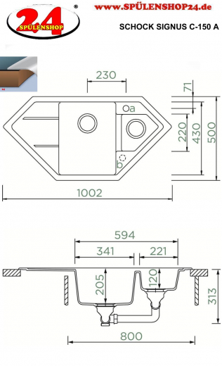 SCHOCK Kchensple Signus C-150 Cristadur Nano-Granitsple / Ecksple mit Drehexcenter