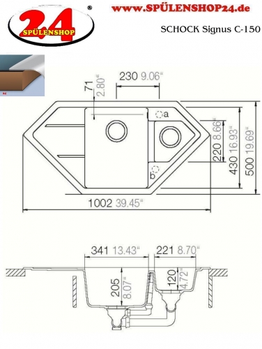 SCHOCK Kchensple Signus C-150 Cristadur Nano-Granitsple / Ecksple mit Drehexcenter