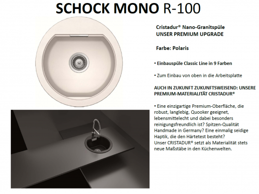 SCHOCK Kchensple Mono R-100 Cristadur Nano-Granitsple / Runde Sple mit Drehexcenter