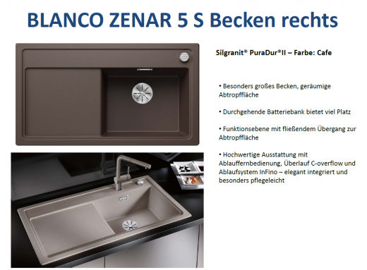 BLANCO Zenar 5 S Silgranit PuraDurII Granitsple / Einbausple Ablaufsystem InFino mit Drehknopfventil