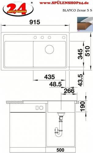 BLANCO Zenar 5 S Silgranit PuraDurII Granitsple / Einbausple Ablaufsystem InFino mit Drehknopfventil