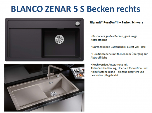 BLANCO Zenar 5 S Silgranit PuraDurII Granitsple / Einbausple Ablaufsystem InFino mit Drehknopfventil