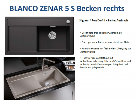 BLANCO Zenar 5 S Silgranit PuraDurII Granitsple / Einbausple Ablaufsystem InFino mit Drehknopfventil