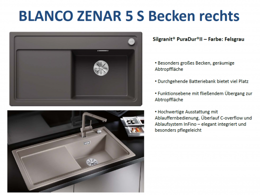 BLANCO Zenar 5 S Silgranit PuraDurII Granitsple / Einbausple Ablaufsystem InFino mit Drehknopfventil