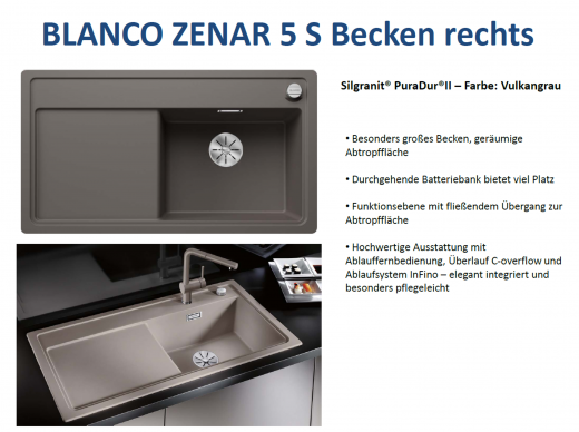 BLANCO Zenar 5 S Silgranit PuraDurII Granitsple / Einbausple Ablaufsystem InFino mit Drehknopfventil