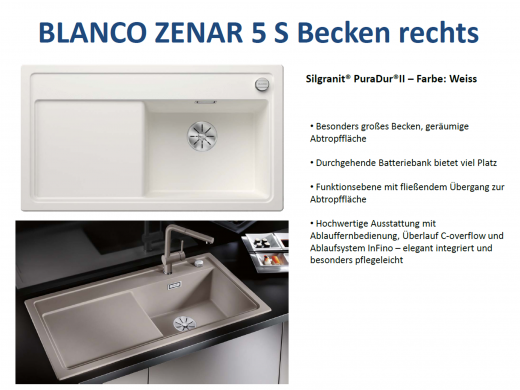 BLANCO Zenar 5 S Silgranit PuraDurII Granitsple / Einbausple Ablaufsystem InFino mit Drehknopfventil