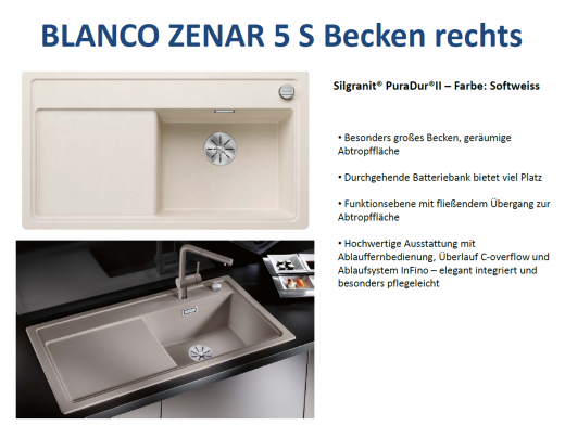 BLANCO Zenar 5 S Silgranit PuraDurII Granitsple / Einbausple Ablaufsystem InFino mit Drehknopfventil