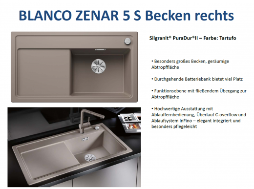 BLANCO Zenar 5 S Silgranit PuraDurII Granitsple / Einbausple Ablaufsystem InFino mit Drehknopfventil