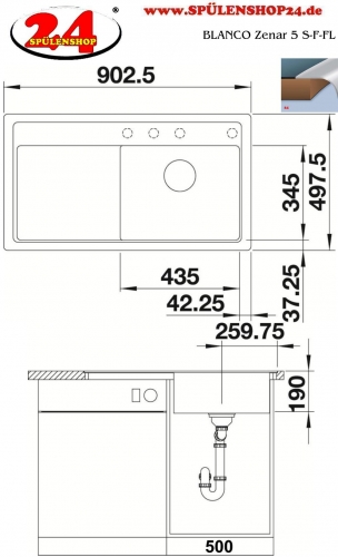 BLANCO Zenar 5 S-F Silgranit PuraDurII Granitsple Flchenbndig Ablaufsystem InFino mit Drehknopfventil