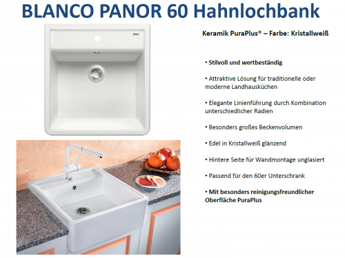 BLANCO Splstein Panor 60 Keramik PuraPlus Keramiksple mit Hahnlochbank Siebkorb als Stopfenventil