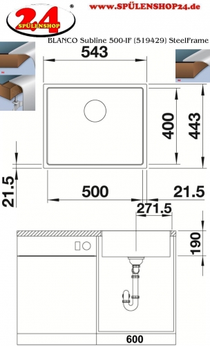 BLANCO Subline 500-IF SteelFrame Materialmix Silgranit mit Edelstahl Einbausple mit Ablaufsystem InFino MEX