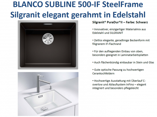 BLANCO Subline 500-IF SteelFrame Materialmix Silgranit mit Edelstahl Einbausple mit Ablaufsystem InFino MEX