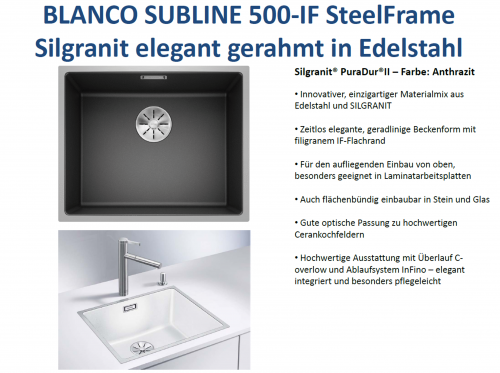 BLANCO Subline 500-IF SteelFrame Materialmix Silgranit mit Edelstahl Einbausple mit Ablaufsystem InFino MEX