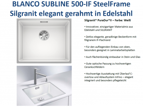 BLANCO Subline 500-IF SteelFrame Materialmix Silgranit mit Edelstahl Einbausple mit Ablaufsystem InFino MEX