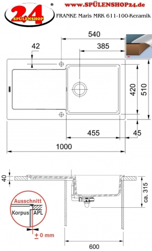 FRANKE Kchensple Maris MRK 611-100-Keramik Fraceram Einbausple / Keramiksple mit Siebkorb als Druckknopfventil