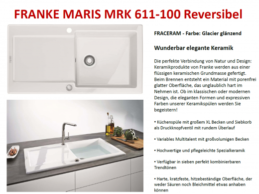 FRANKE Kchensple Maris MRK 611-100-Keramik Fraceram Einbausple / Keramiksple mit Siebkorb als Druckknopfventil