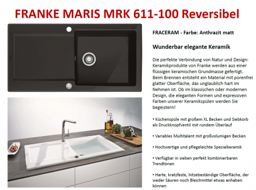 FRANKE Kchensple Maris MRK 611-100-Keramik Fraceram Einbausple / Keramiksple mit Siebkorb als Druckknopfventil