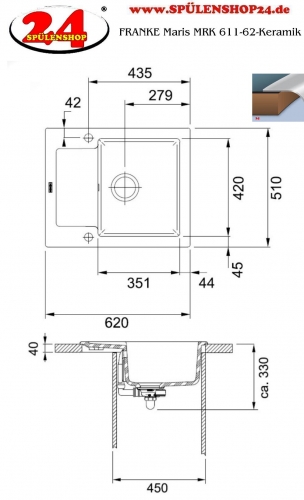 FRANKE Kchensple Maris MRK 611-62-Keramik Fraceram Einbausple / Keramiksple mit Siebkorb als Druckknopfventil