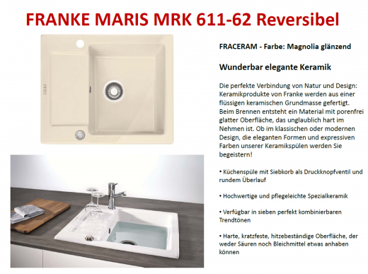 FRANKE Kchensple Maris MRK 611-62-Keramik Fraceram Einbausple / Keramiksple mit Siebkorb als Druckknopfventil