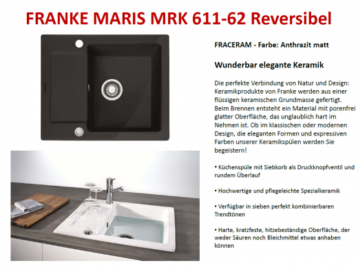 FRANKE Kchensple Maris MRK 611-62-Keramik Fraceram Einbausple / Keramiksple mit Siebkorb als Druckknopfventil