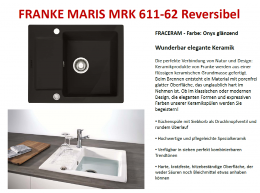 FRANKE Kchensple Maris MRK 611-62-Keramik Fraceram Einbausple / Keramiksple mit Siebkorb als Druckknopfventil