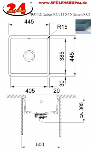 FRANKE Kchensple Kubus KBK 110-40 Keramik Fraceram Keramiksple / Unterbausple (Montage unter die APL) mit Siebkorb als Druckknopfventil