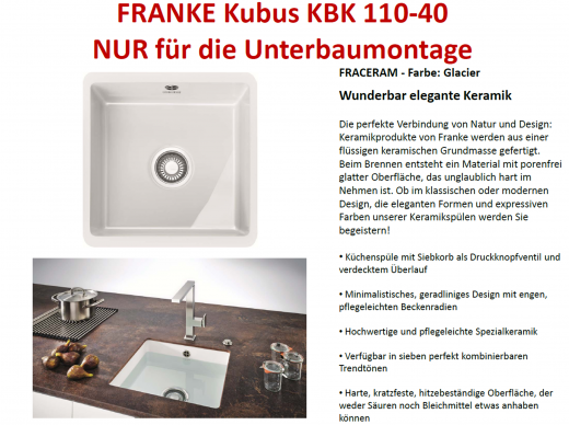 FRANKE Kchensple Kubus KBK 110-40 Keramik Fraceram Keramiksple / Unterbausple (Montage unter die APL) mit Siebkorb als Druckknopfventil