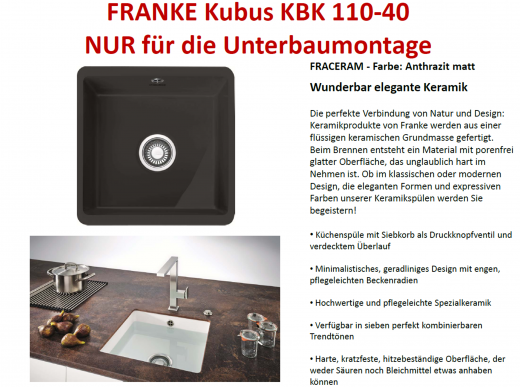 FRANKE Kchensple Kubus KBK 110-40 Keramik Fraceram Keramiksple / Unterbausple (Montage unter die APL) mit Siebkorb als Druckknopfventil