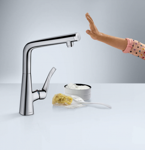 HANSGROHE Kchenarmatur Metris Select M71 Edelstahl Finish Einhebelmischer 320 mit Festauslauf, 1jet (14883800)