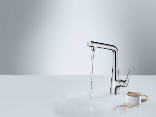 HANSGROHE Kchenarmatur Metris Select M71 Edelstahl Finish Einhebelmischer 320 mit Festauslauf, 1jet (14883800)