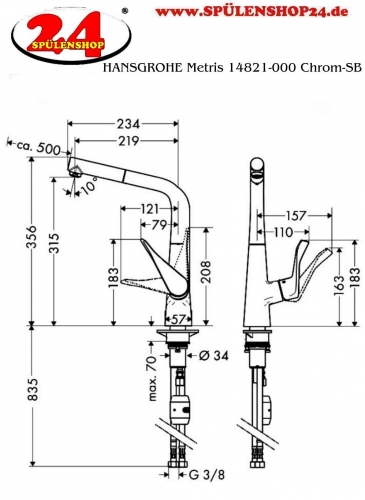 HANSGROHE Kchenarmatur Metris M71 Chrom Einhebelmischer 320 mit Ausziehauslauf als Schlauchbrause, 1jet (14821000)