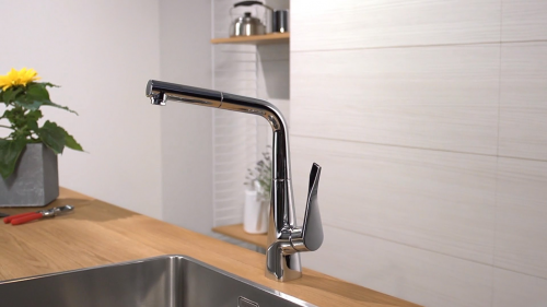 HANSGROHE Kchenarmatur Metris M71 Chrom Einhebelmischer 320 mit Ausziehauslauf als Schlauchbrause, 1jet (14821000)