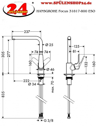 HANSGROHE Kchenarmatur Focus M41 Edelstahl Finish Einhebelmischer 280 mit Festauslauf, 1jet Schwenkbereich einstellbar (31817800)