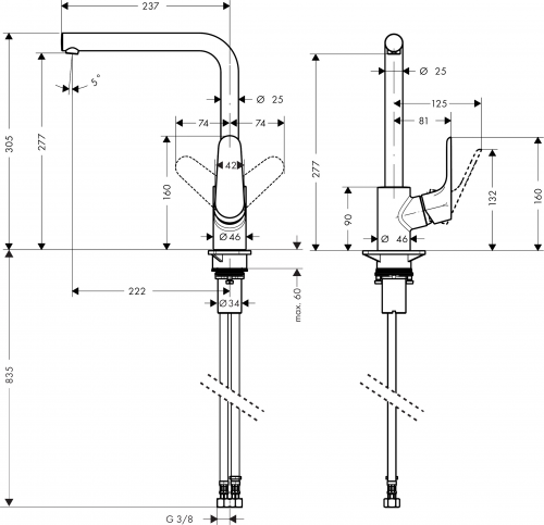 HANSGROHE Kchenarmatur Focus M41 Edelstahl Finish Einhebelmischer 280 mit Festauslauf, 1jet Schwenkbereich einstellbar (31817800)