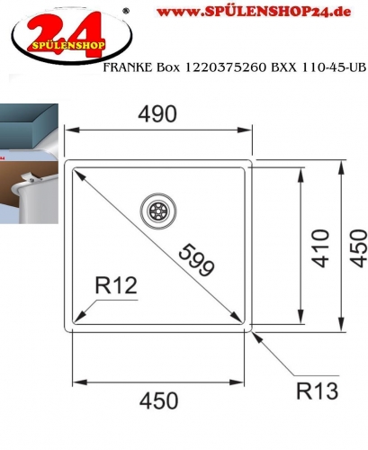 FRANKE Kchensple Box BXX 110-45 Unterbausple (Montage unter die Arbeitsplatte) mit Integralablauf und Siebkorb als Druckknopfventil