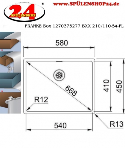 FRANKE Kchensple Box BXX 210/110-54 Edelstahlsple 3 in 1 (Einbau, Unterbau, Flchenbndig) Siebkorb als Stopfenventil