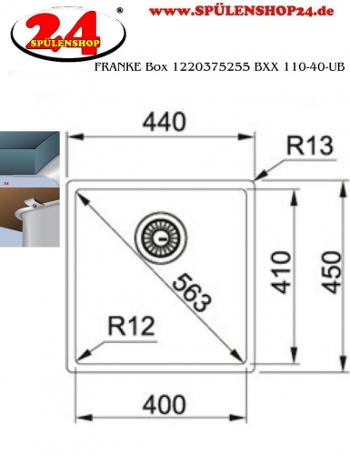 FRANKE Kchensple Box BXX 110-40 Unterbausple (Montage unter die Arbeitsplatte) mit Integralablauf und Siebkorb als Druckknopfventil